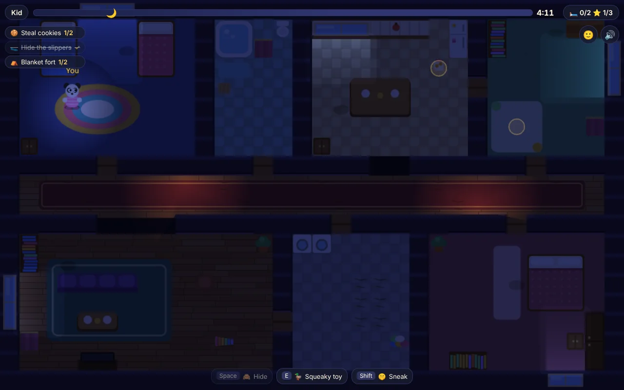 A panda in pajamas sneaking through the dark house in TuckedIn, with the mischief list in the corner